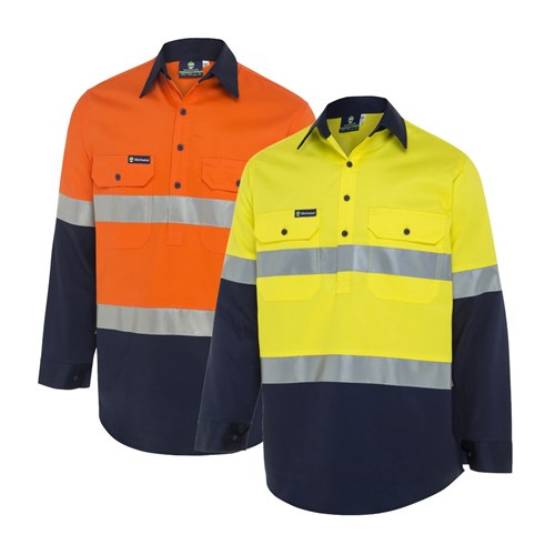 WS Workwear Mens Hi-Vis Half-Button-Up Shirt with Reflective Tape